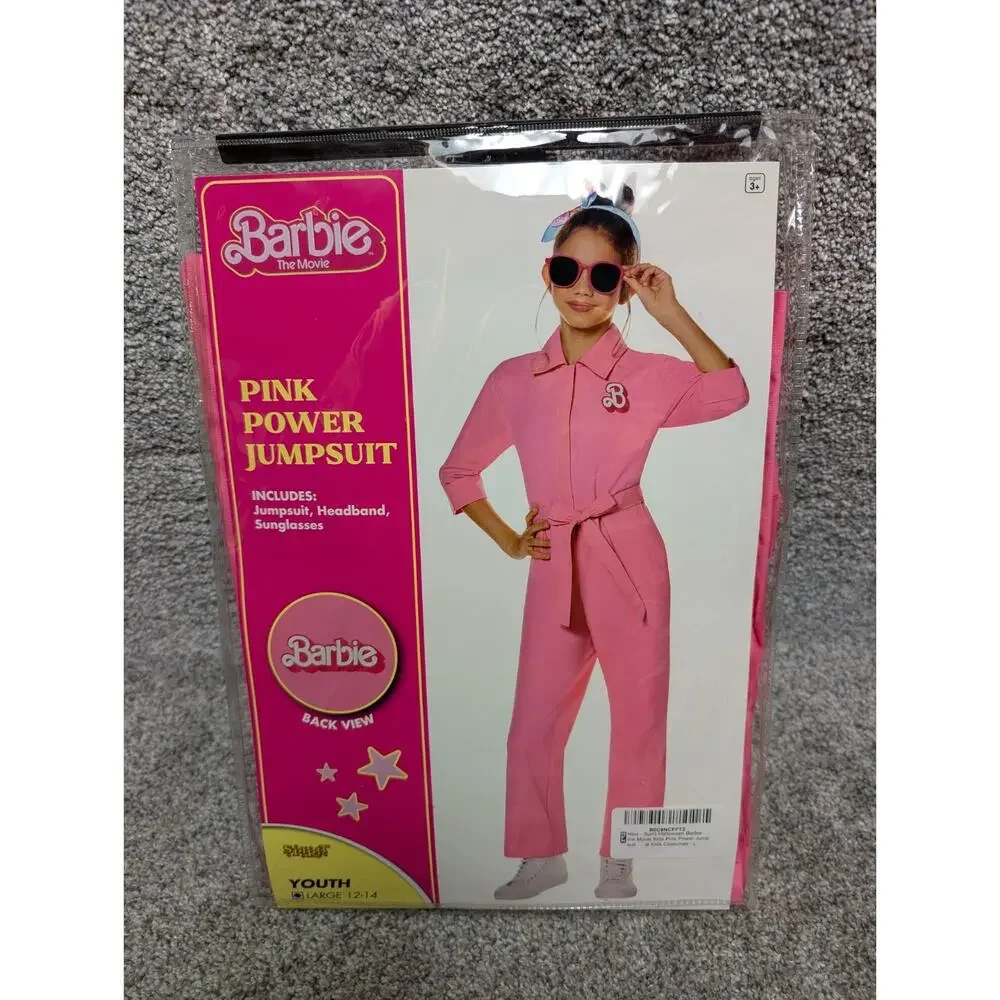 Spirit Halloween Barbie The Movie Youth Large 12-14 Pink Power Jumpsuit Headband